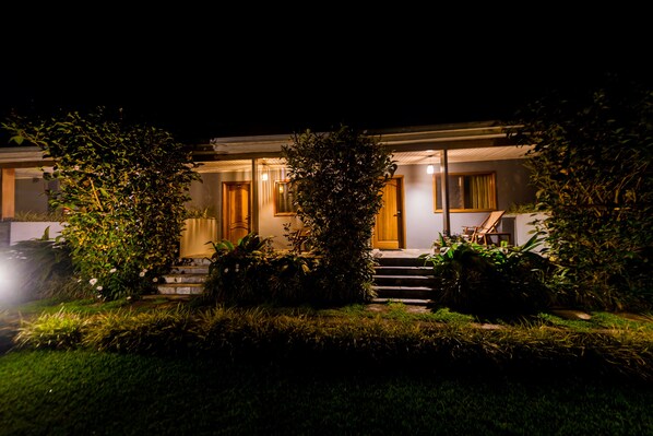 Een modern huis met een goed verlichte entree, een trap naar de deur en een tuin met diverse planten.