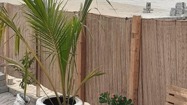 Un espacio de descanso frente a la playa con sombrillas de paja, una valla de madera y plantas en macetas.