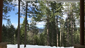 A view from a covered porch with a stone wall, looking out at a snowy landscape with tall evergreen trees and a clear sky. - You will love our beautifully furnished cottage in the woods (Shingletown)