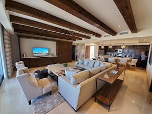 Living room and kitchen. Too the right of the TV in brown is Murphy bed