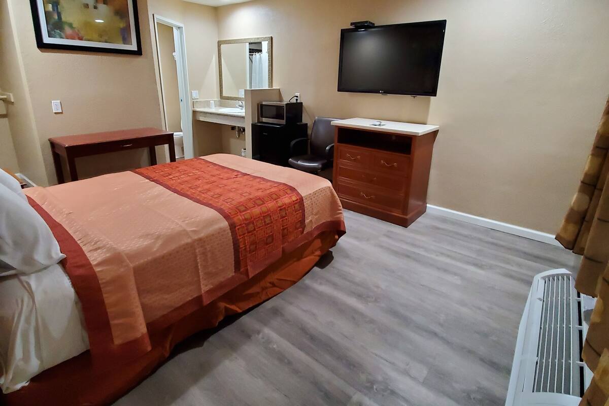 A hotel room with a bed, a desk, a chair, a television, and a heater.