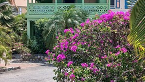 Un bâtiment à deux étages, doté d’une façade verte et d’un balcon, entouré d’une végétation luxuriante et de fleurs roses éclatantes.