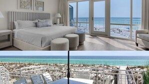 A bedroom with a large bed, a nightstand, a bedside table, and a view of the beach.