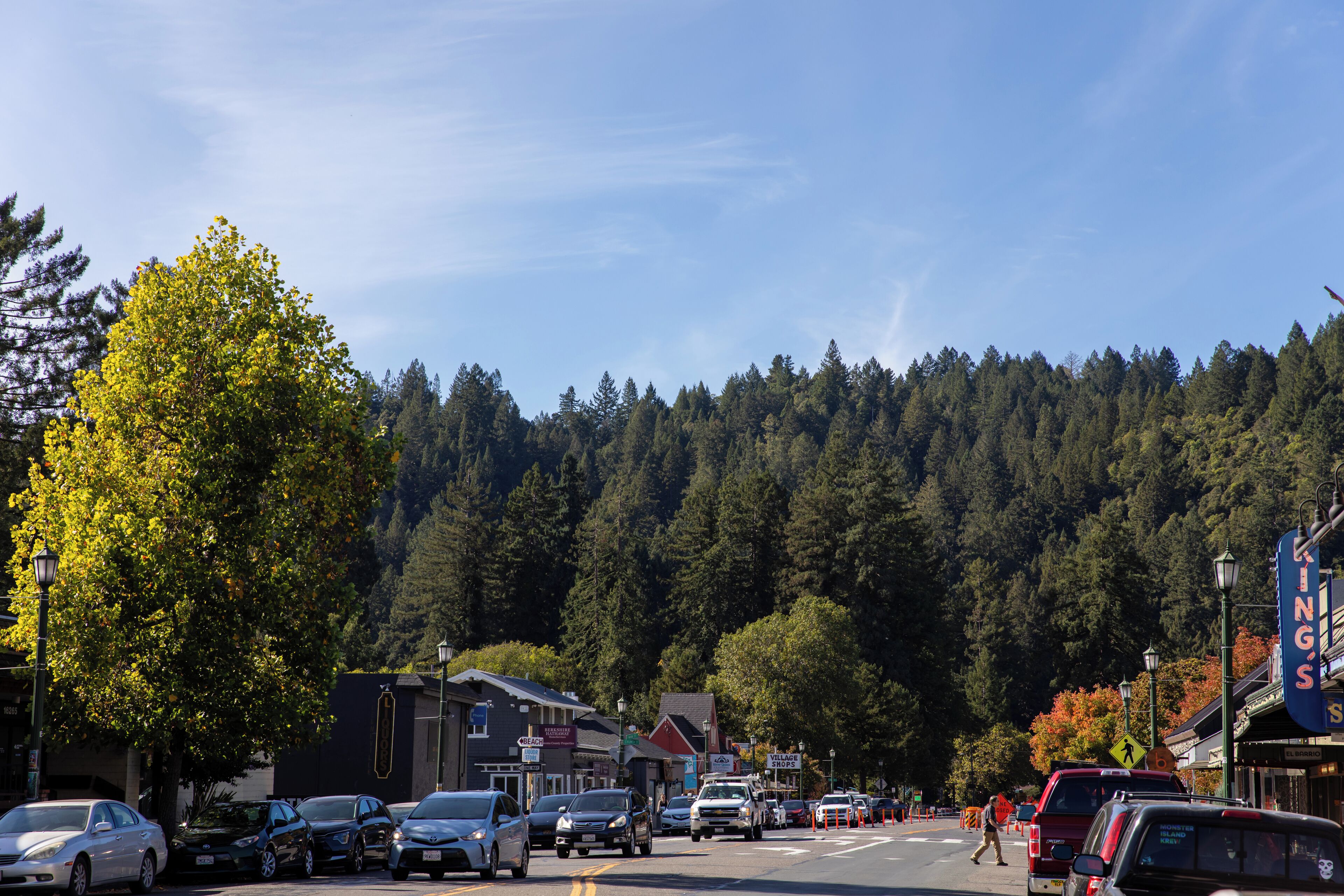 A street lined with parked cars and buildings, a pedestrian crossing, and a forested hillside in the background.