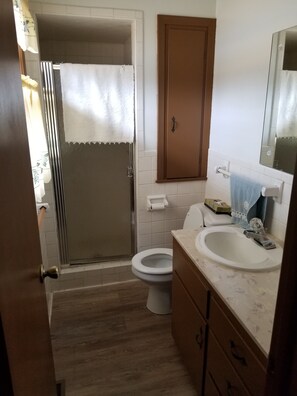 Tina con regadera, secadora de cabello, toallas, jabón