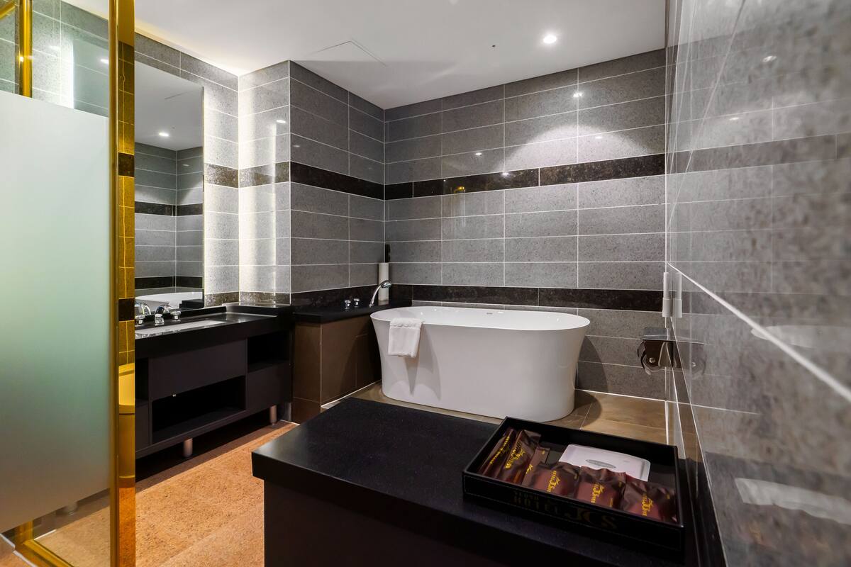 hair dryer, bathrobes, slippers, bidet