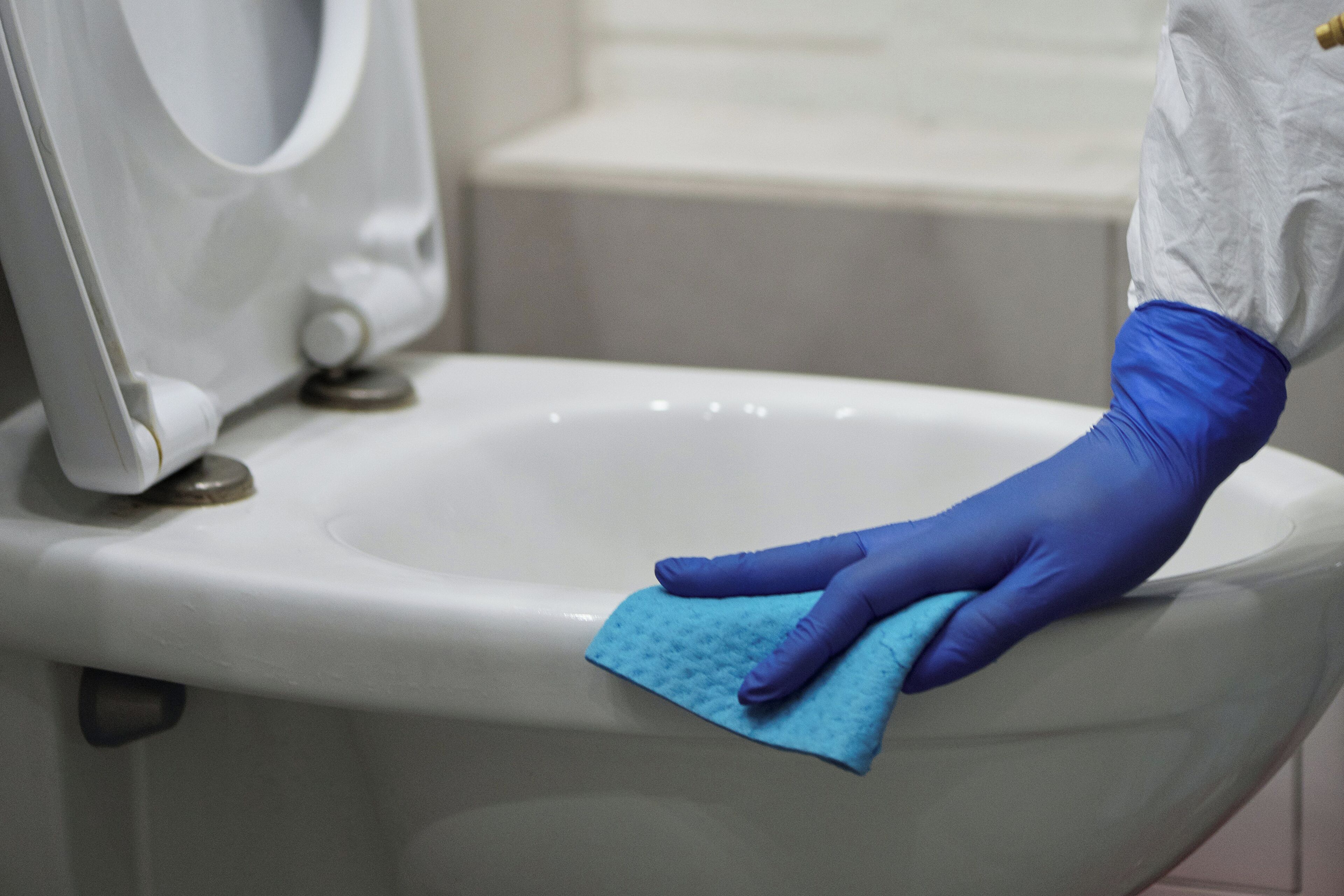 Une personne nettoie des toilettes avec un chiffon bleu.