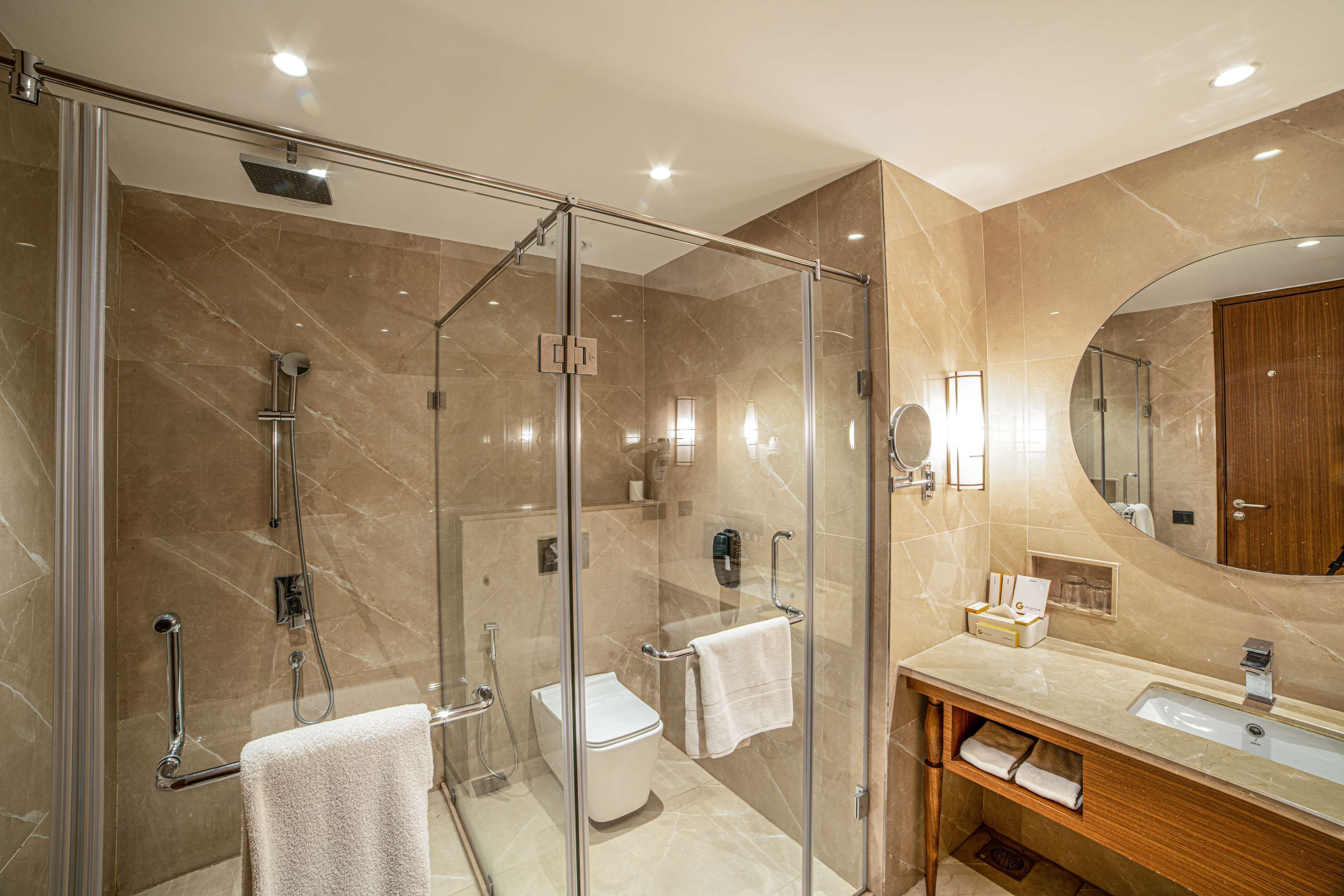 A modern bathroom with a glass-enclosed shower, a toilet, a sink, and a large mirror.