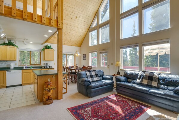 TV, fireplace, books