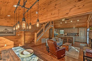 TV, fireplace, DVD player, video library - Blue Ridge Mtns Creekside Cabin w/ Hot Tub + Pier! (Blue Ridge)