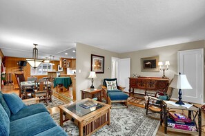 Smart TV, fireplace, video game console, books