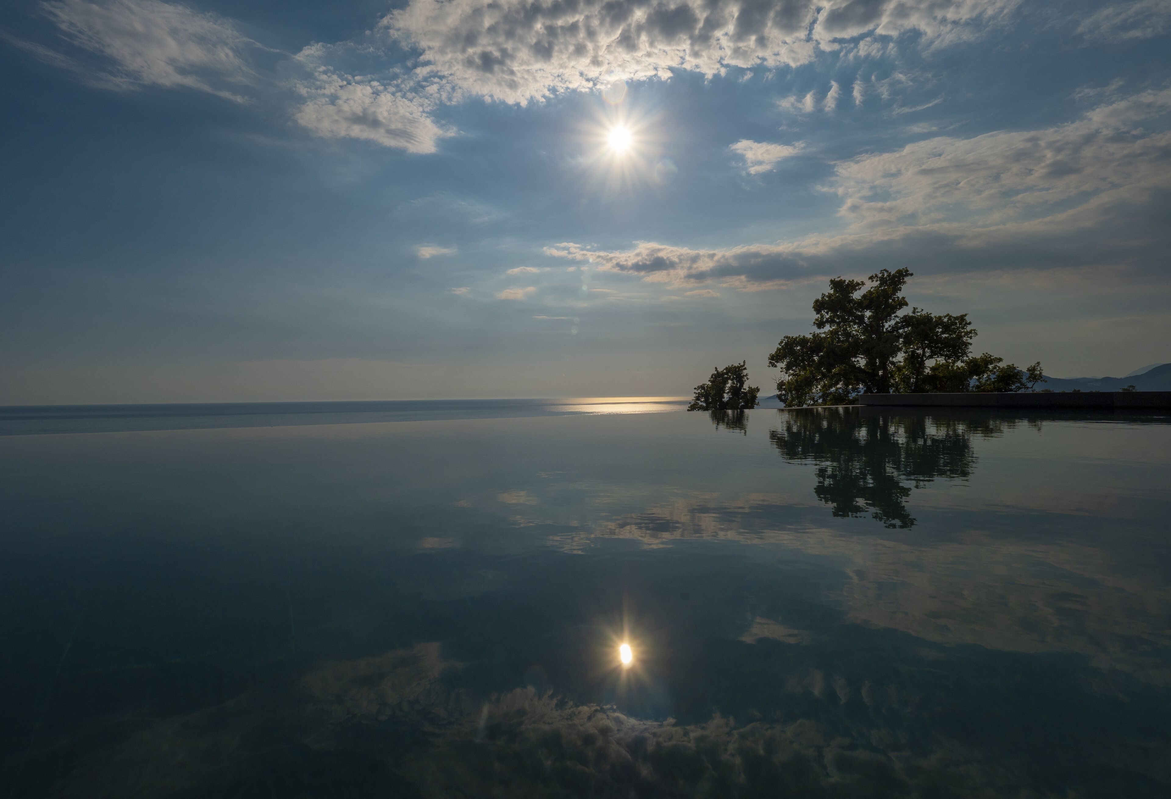 A tranquil body of water reflecting the sky and a tree.