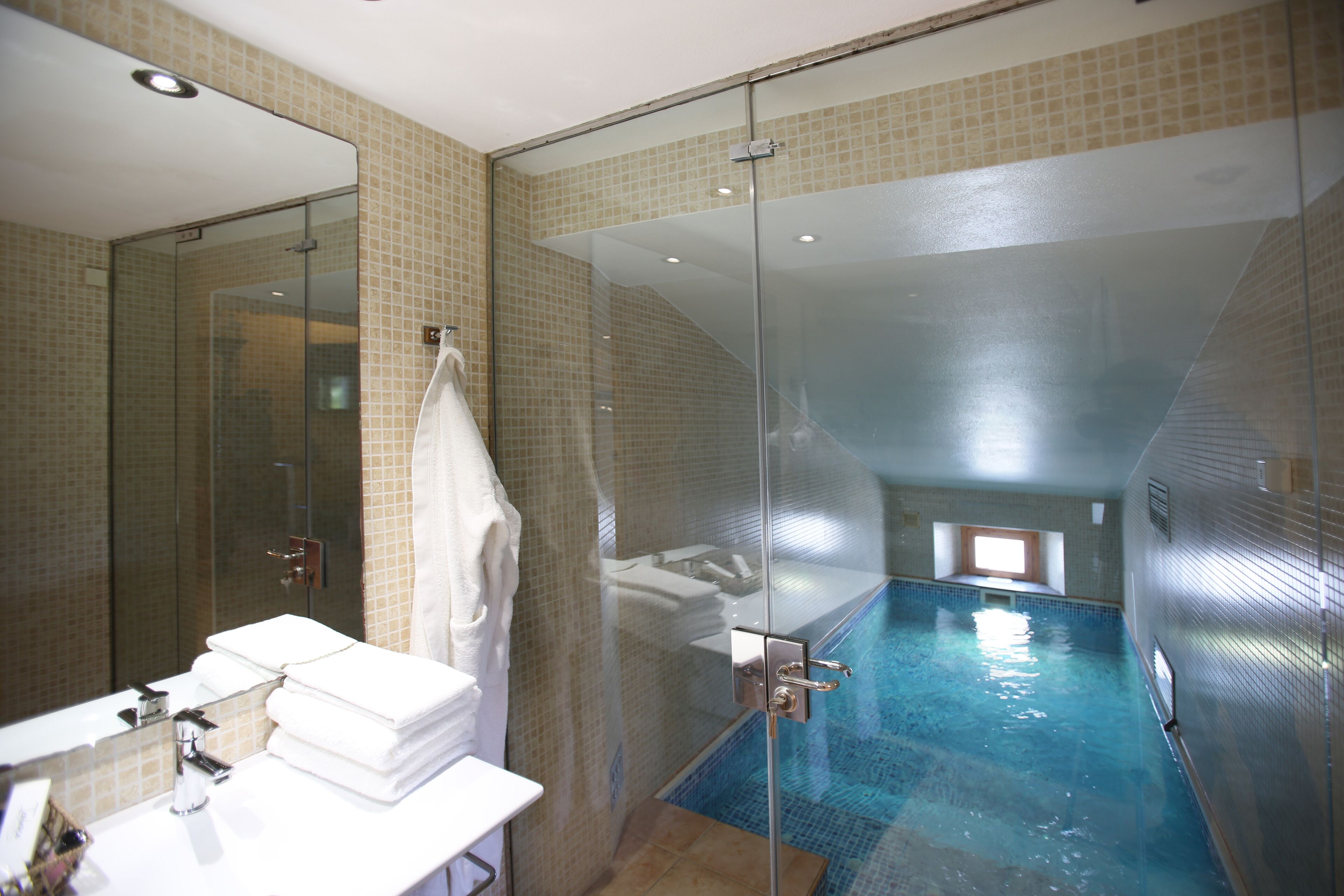 A bathroom with a glass-enclosed shower, a sink with a mirror, and a small pool.