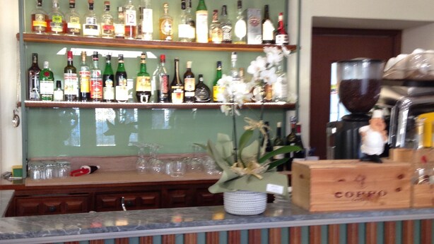 Un espace bar avec des étagères remplies de bouteilles d’alcool, un comptoir avec des verres et une plante décorative.