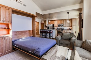 Een ruimtelijk ingerichte leefruimte met een bed, een bank, een tafeltje en een kitchenette.