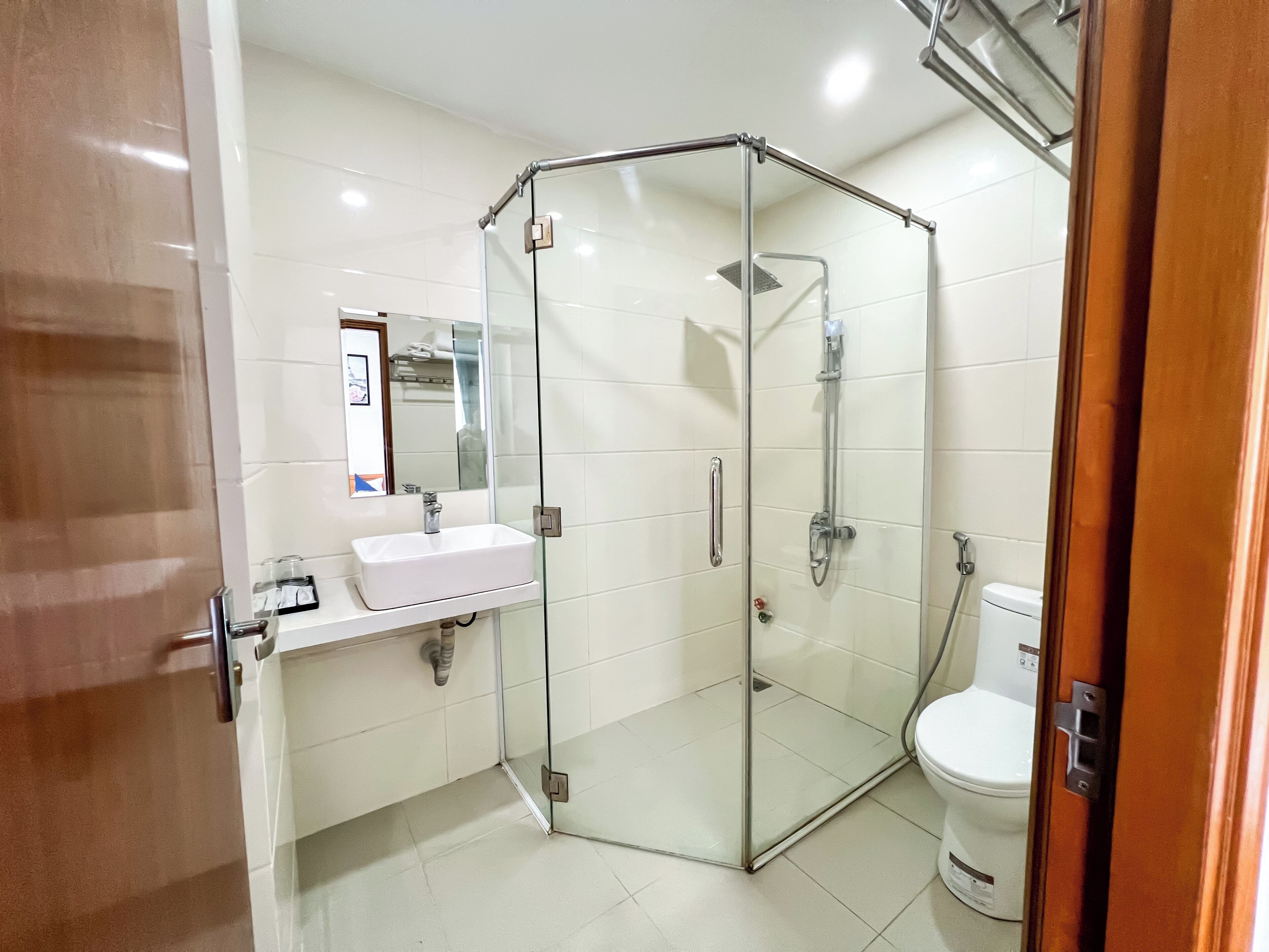 A modern bathroom with a glass-enclosed shower, a white sink, and a toilet.