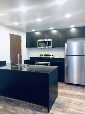 Fridge, microwave, oven, stovetop