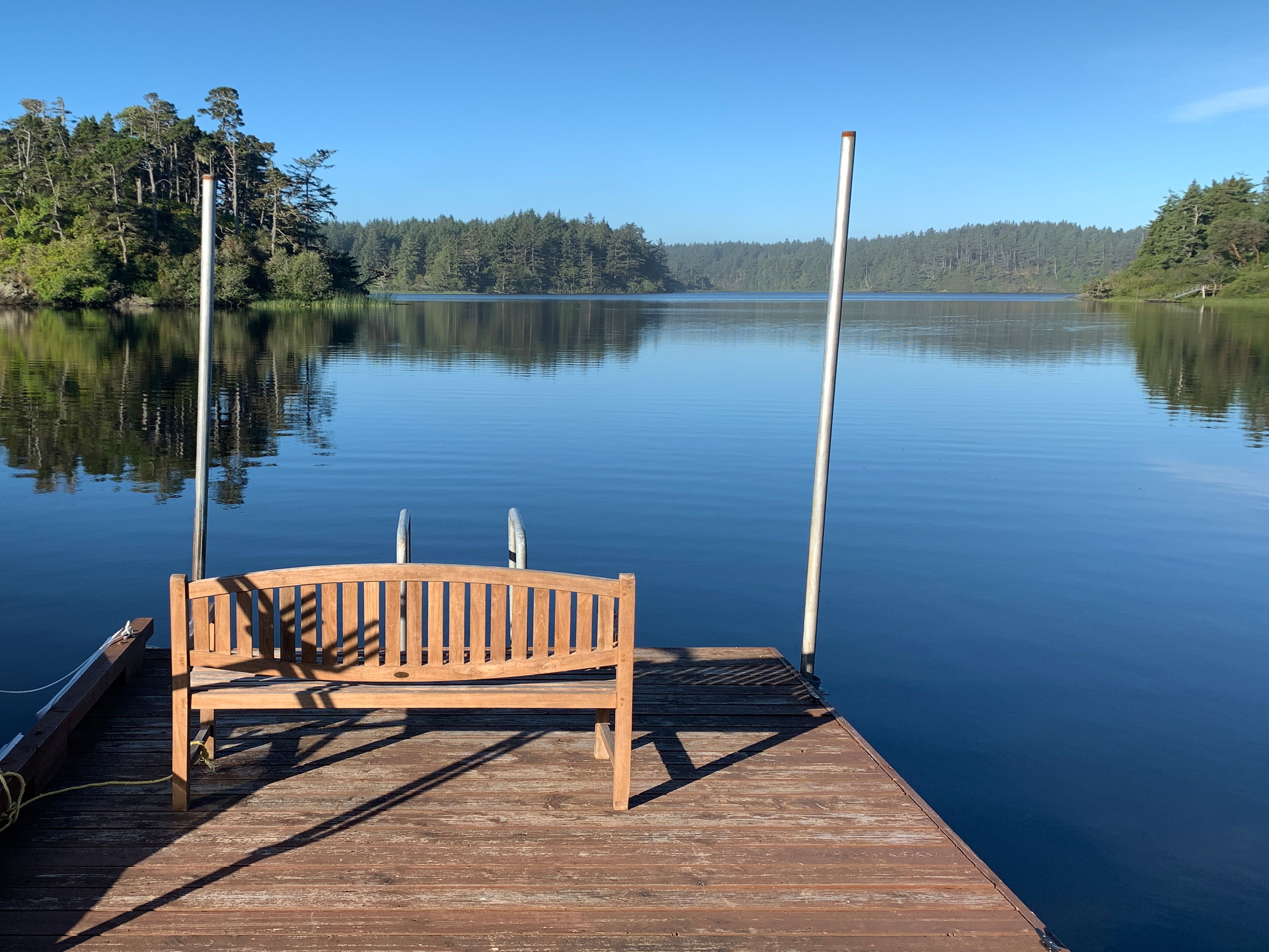 A wooden dock with a bench, extending into calm lake waters, surrounded by dense forest.