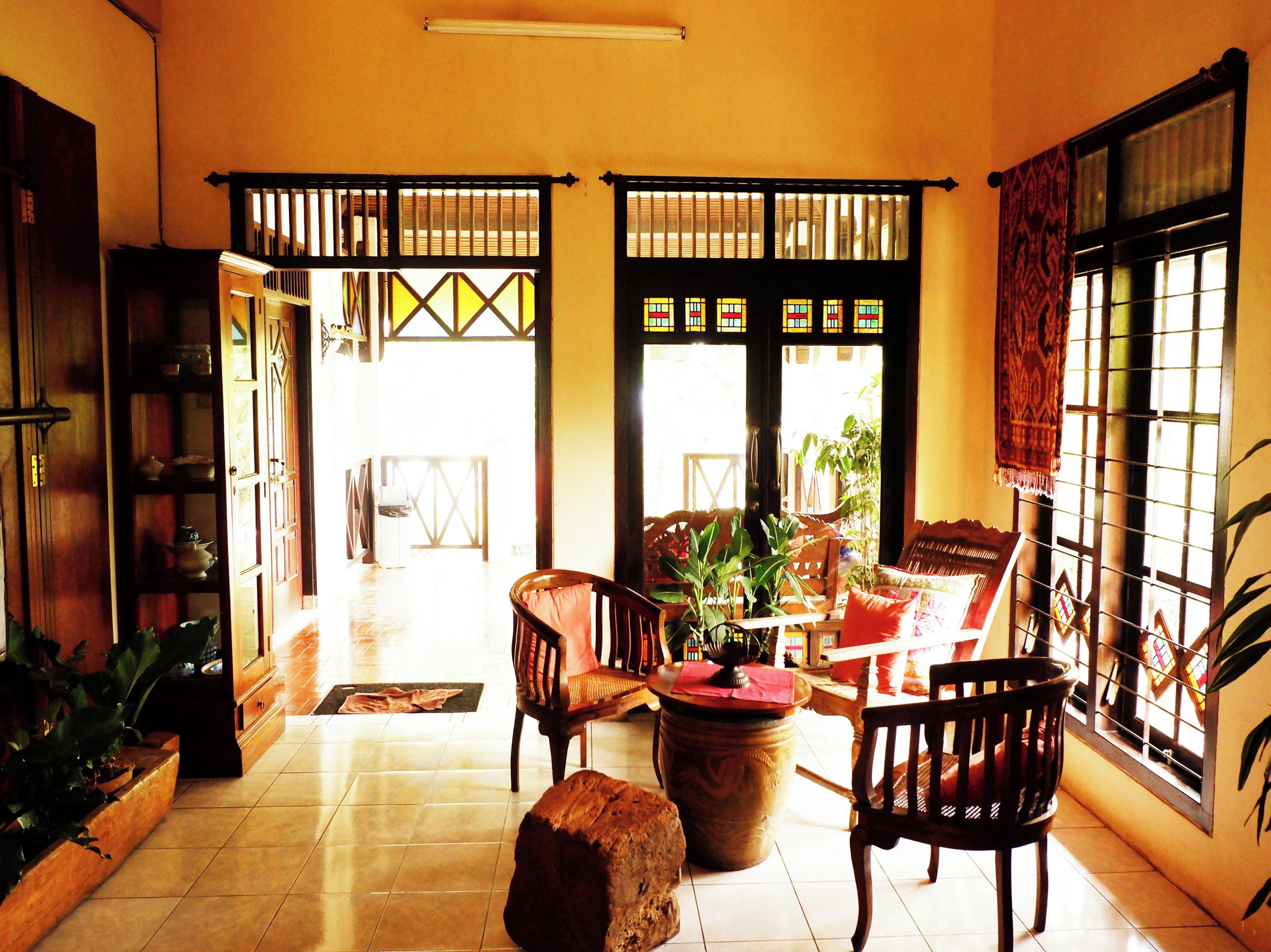 A room with a tiled floor, wooden furniture, a large plant, and a view through a window with a patterned curtain.