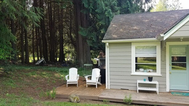 Une petite maison dotée d’une terrasse, de deux chaises Adirondack blanches et d’une fenêtre donnant sur la forêt environnante.