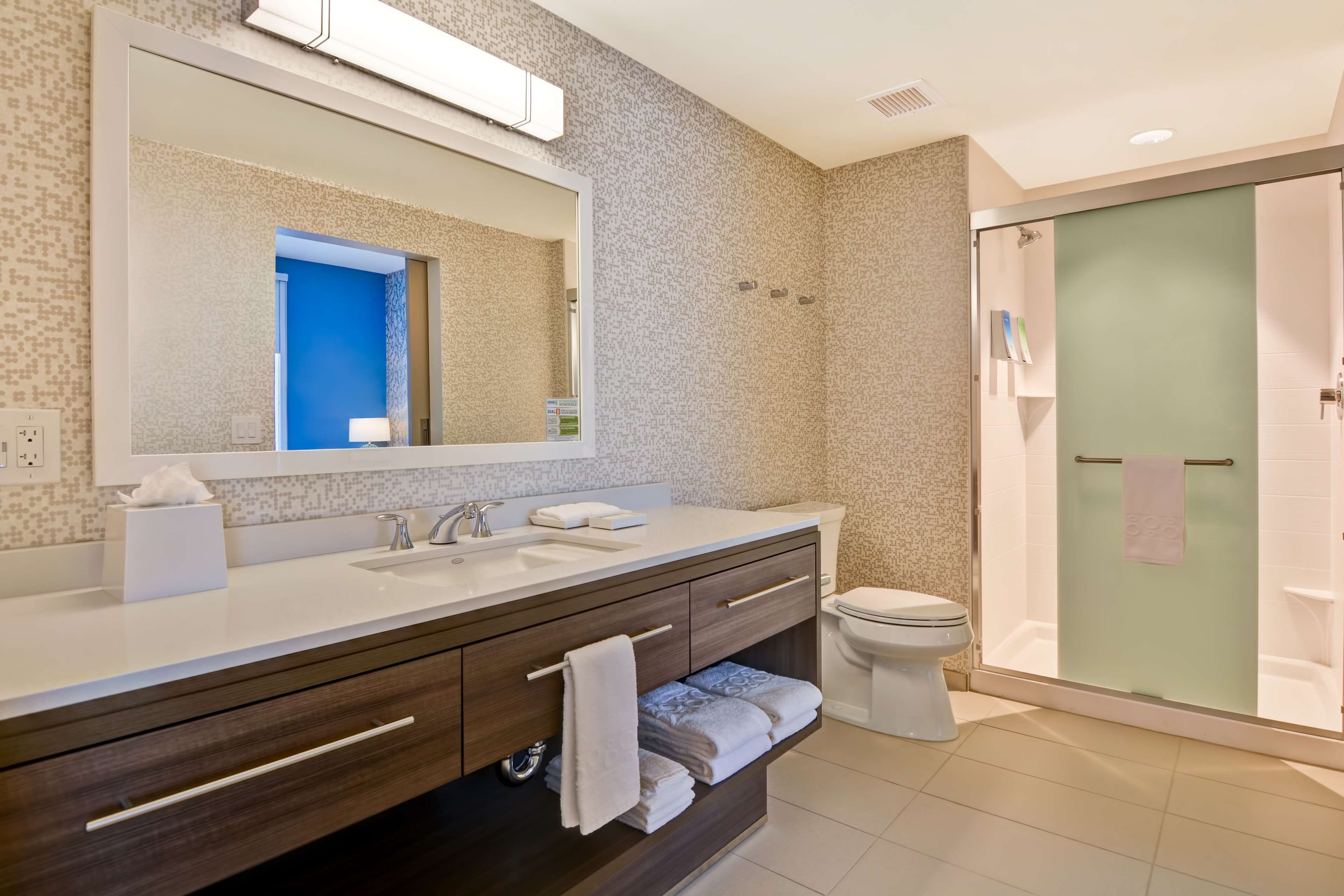 A modern bathroom with a large mirror, two sinks, a toilet, and a glass-enclosed shower.