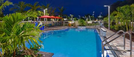 Outdoor pool, pool umbrellas, pool loungers