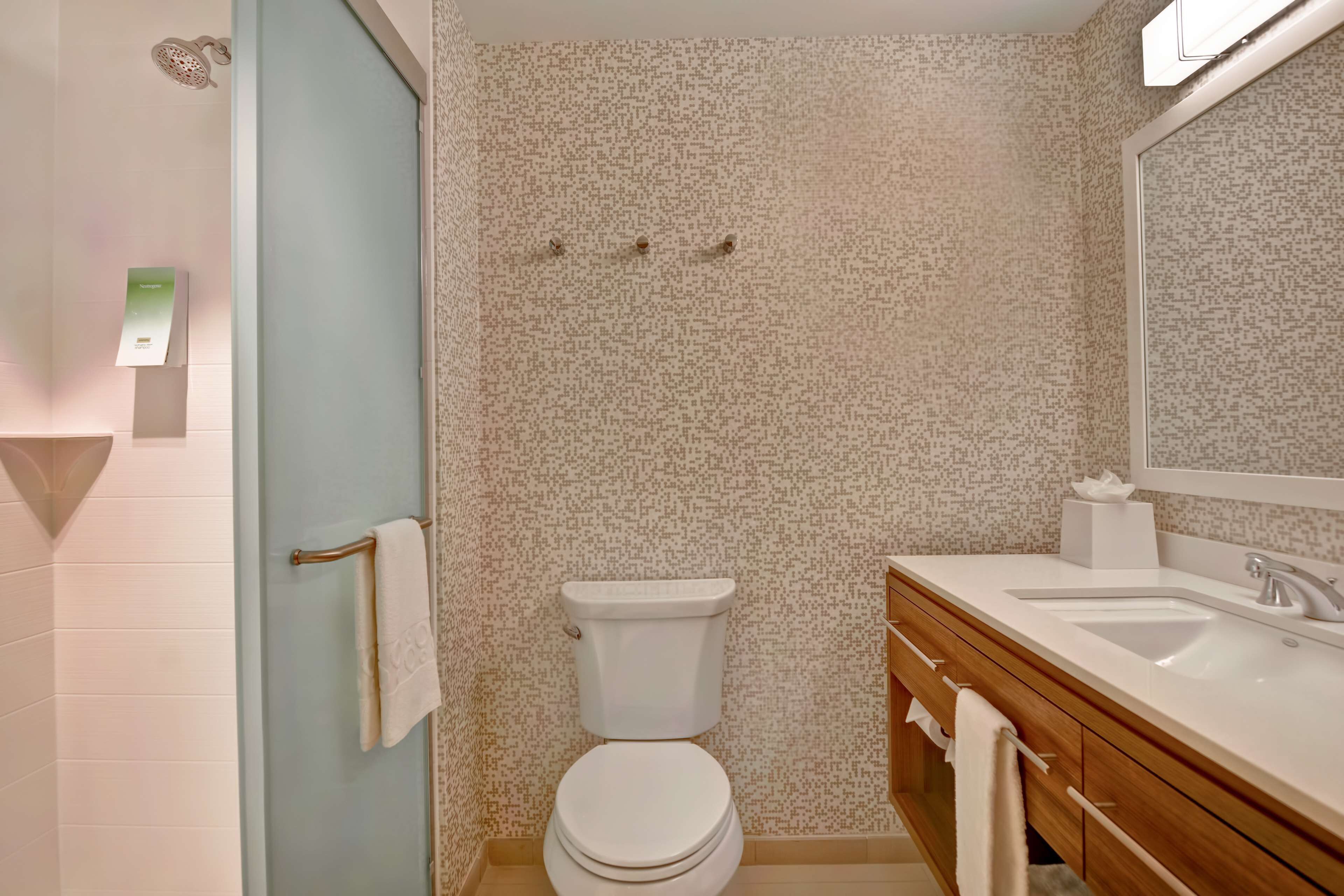 hair dryer, towels, soap, shampoo