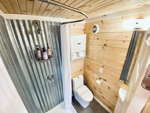 Shower, hair dryer, towels, soap - Tiny Container Home Retreat with Hot Tub, Fire Table, Dining Area, and Views! (Todd)