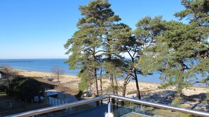 Blick vom Balkon auf einen Strand mit Kiefern und blauem Himmel.