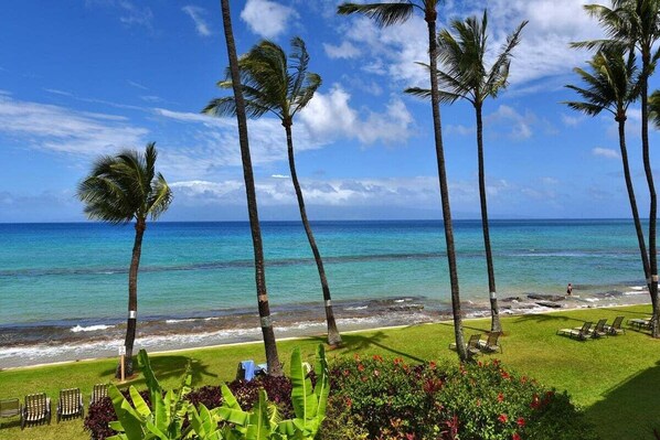 On the beach, sun loungers, beach towels