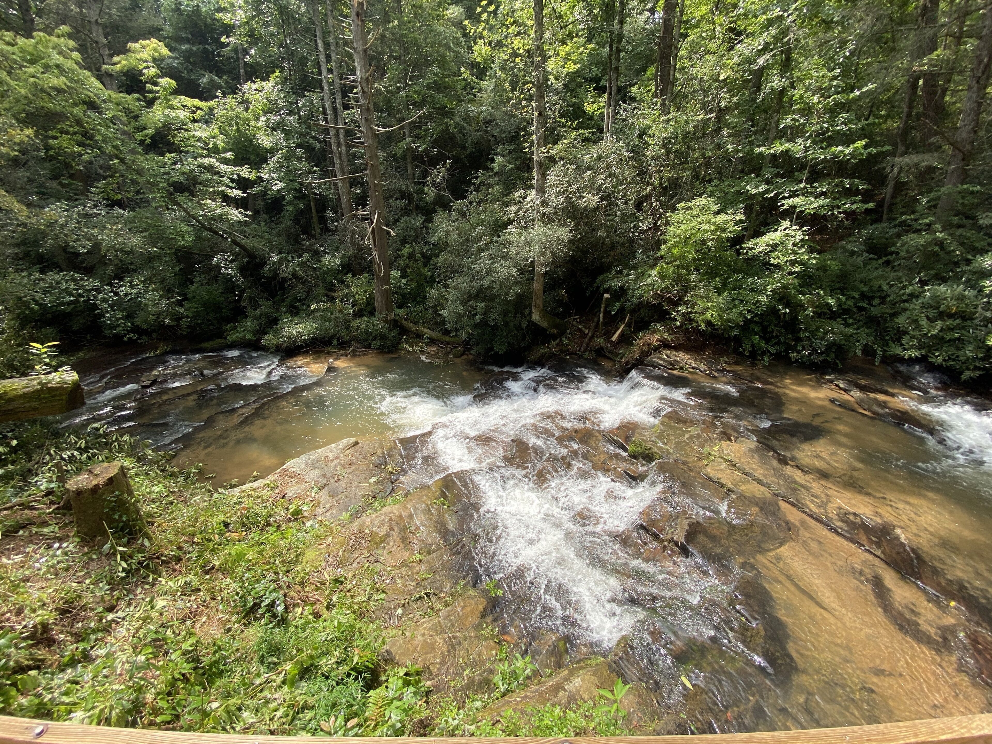 A natural landscape with a flowing river, surrounded by dense forest and rocky terrain.