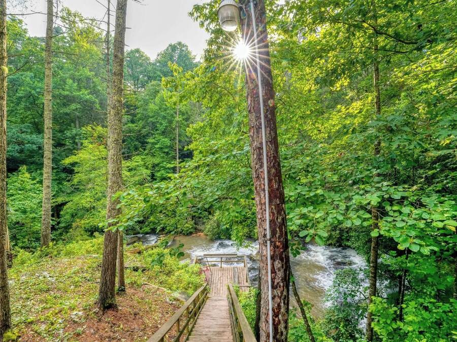Un pont de bois menant à une cascade au cœur d’une forêt dense.