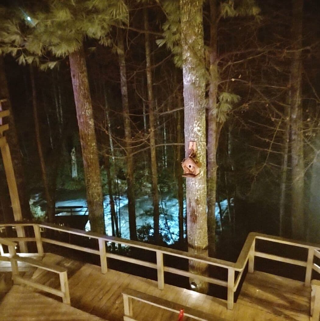 Puinen terassi kaiteineen, jolta avautuu näkymä metsäiselle alueelle yöllä.