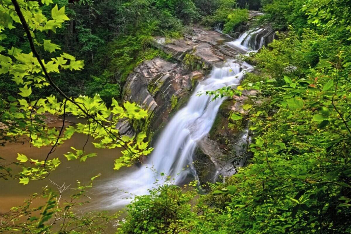 A waterfall cascading over rocks surrounded by dense green foliage.