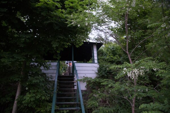 Staircase leads to a charming entrance surrounded by lush greenery.