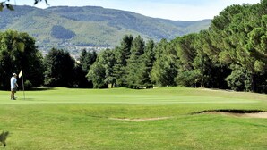 A golf course with a flag, trees, and a mountain in the background. - Beautiful apartment in villa for 8 guests with private pool, TV, terrace and pets allowed (Pont-de-larn)