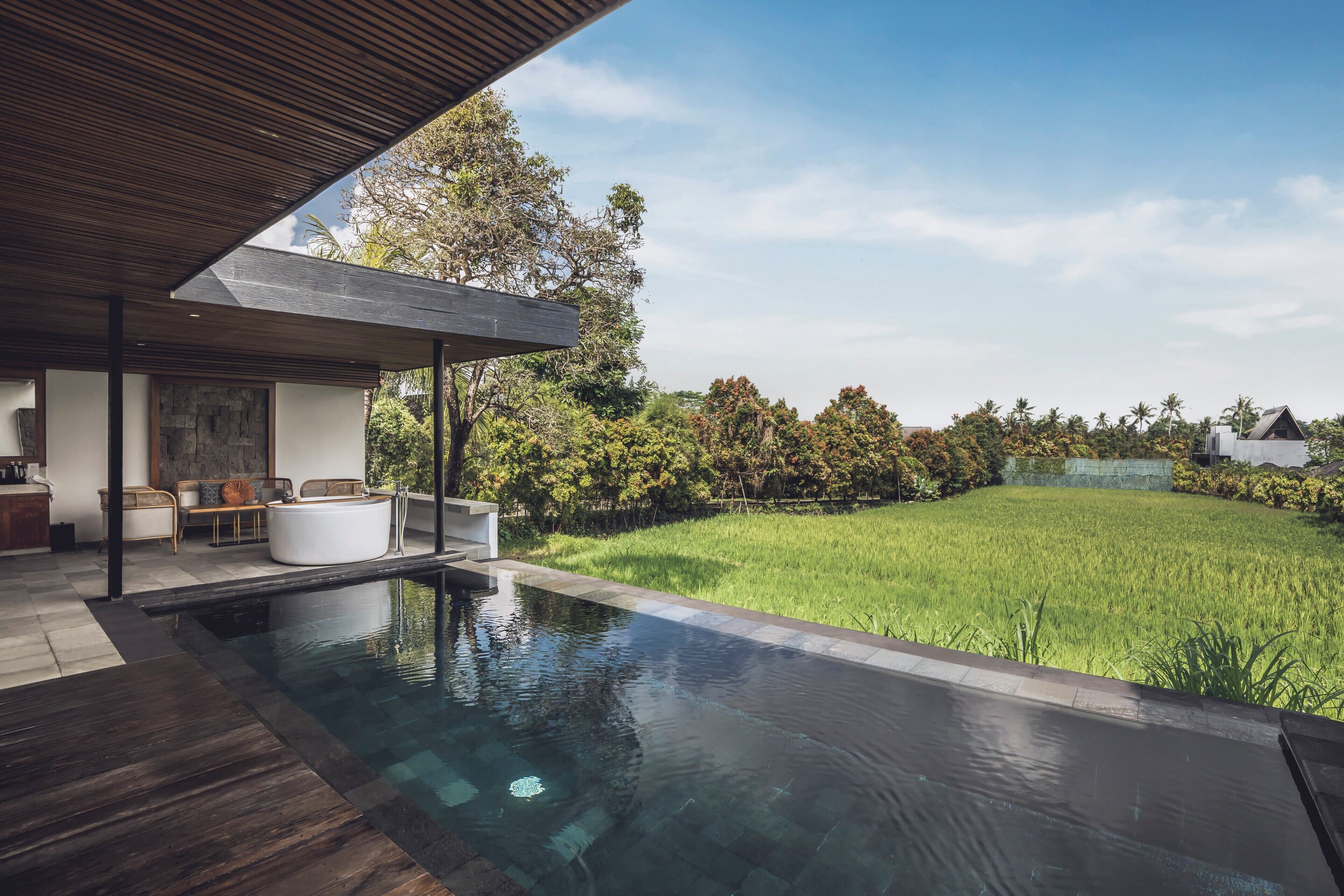 Un área moderna de piscina al aire libre con una terraza de madera, un espacio de descanso con sofá y mesa de centro, y vistas a un césped verde exuberante y árboles al fondo.