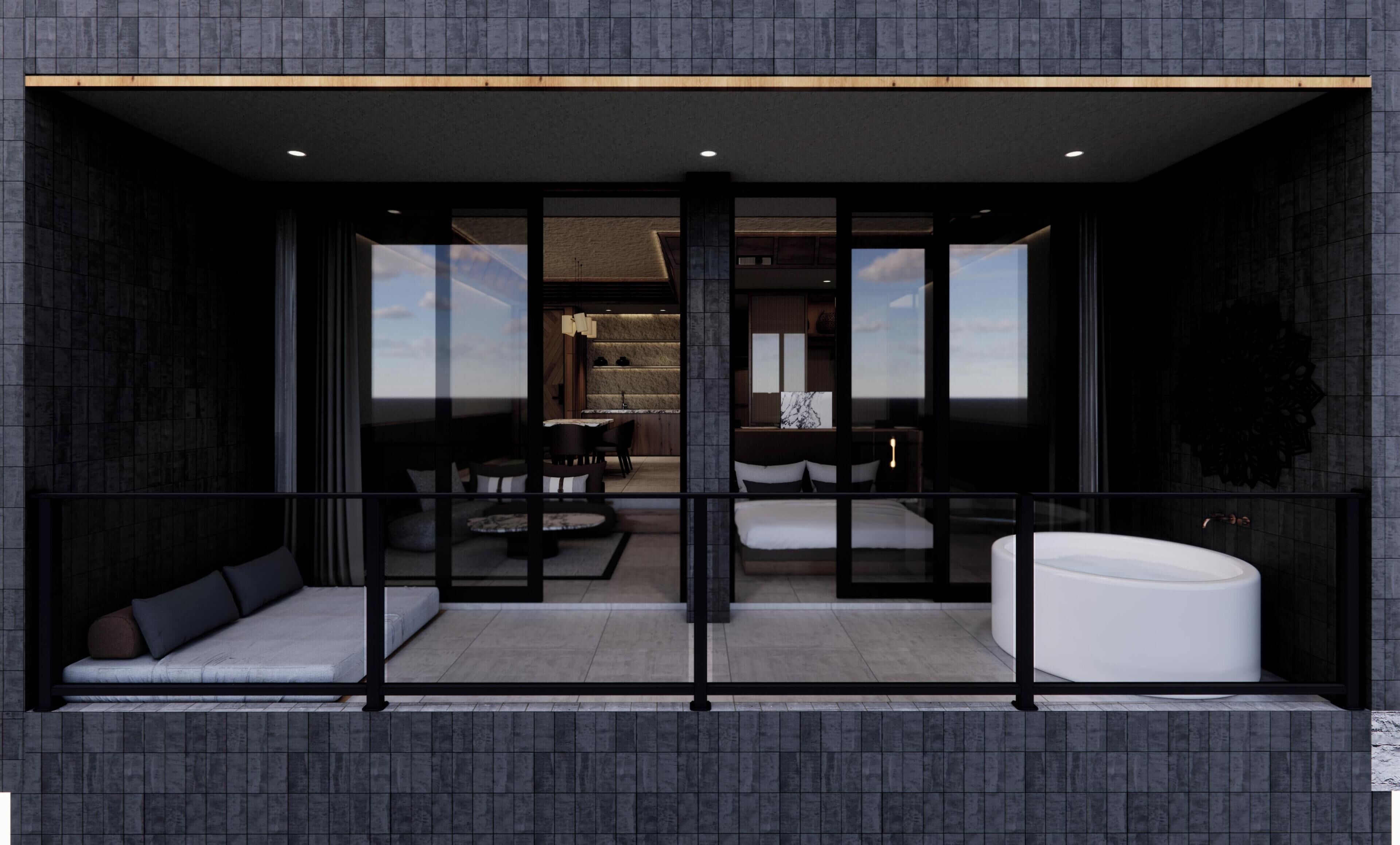 Un intérieur moderne, avec une façade aux couleurs sombres, de grandes fenêtres et un coin salon agrémenté de coussins et d’un canapé blanc.
