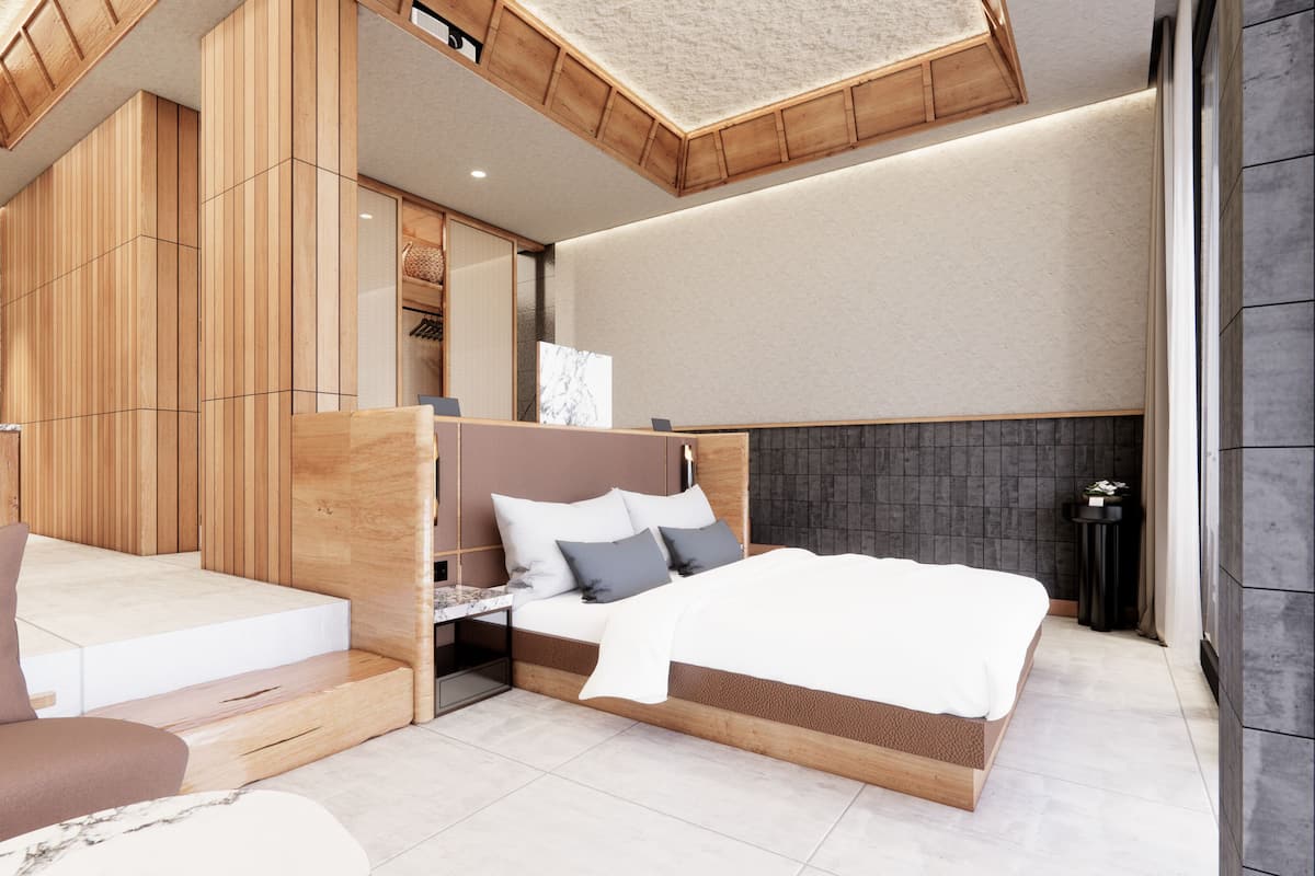 A modern bedroom with a large bed, wooden paneling, and a view of the city.