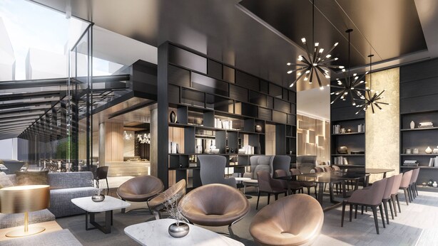 A modern interior with a glass staircase, leather seating, and contemporary lighting. - AC Hotel by Marriott Tokyo Ginza (Tokyo)