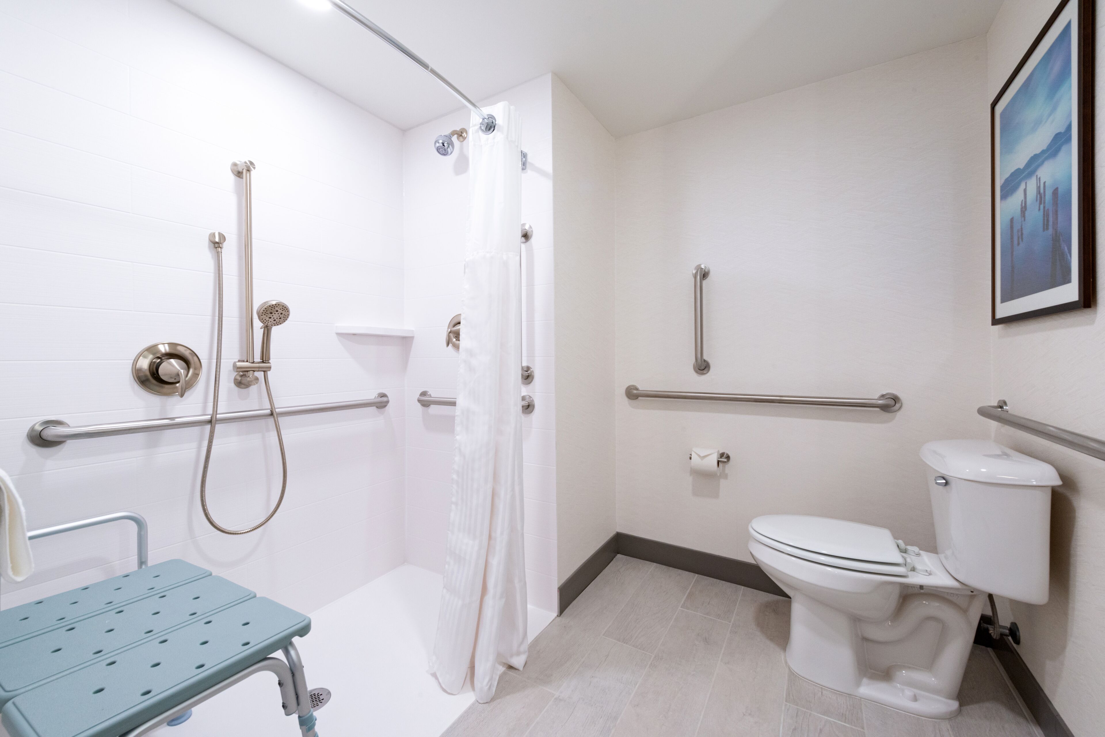 A modern bathroom with a shower, toilet, and grab bars.