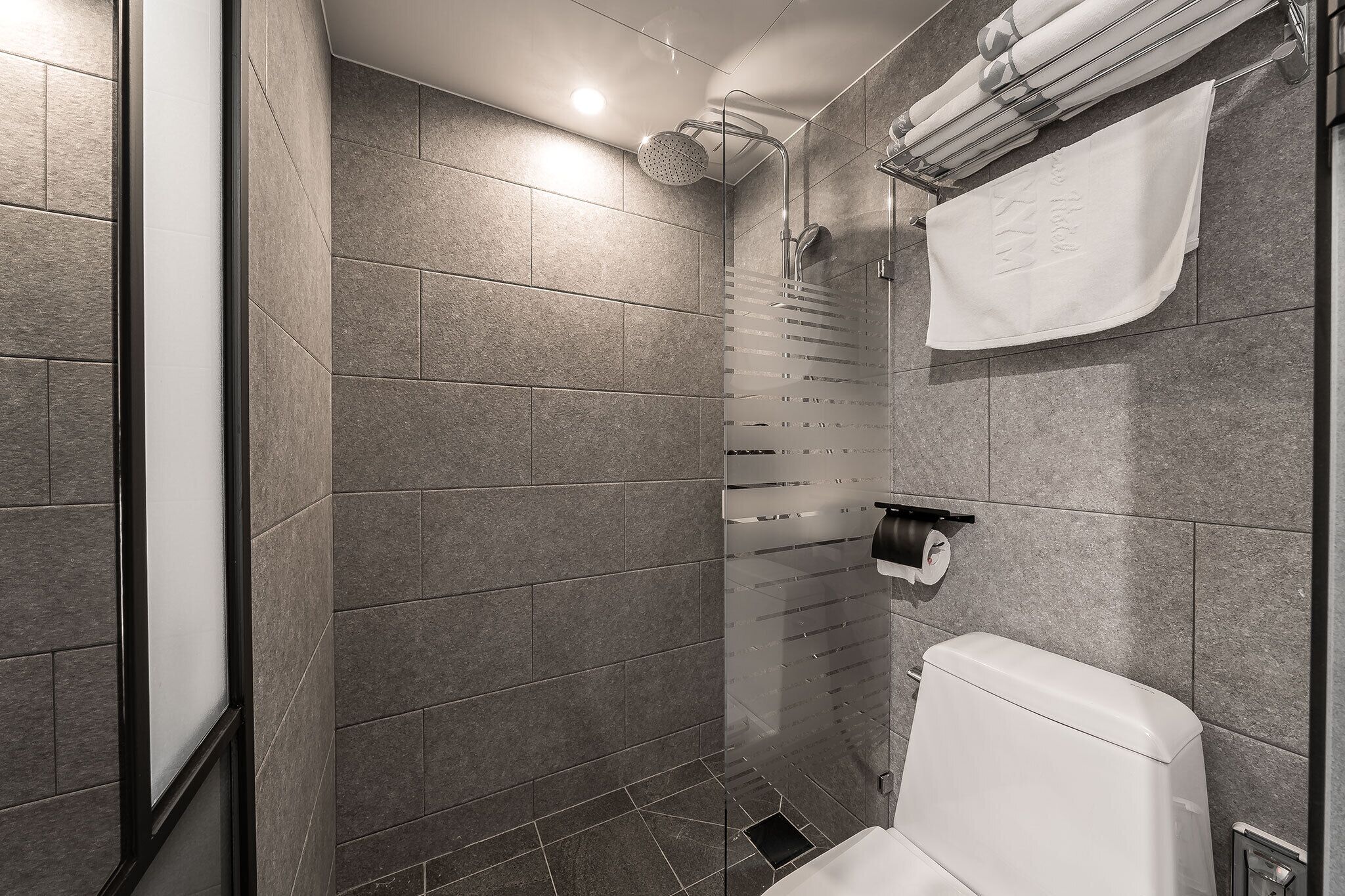 A modern bathroom with a glass shower enclosure, a toilet, and a towel rack.