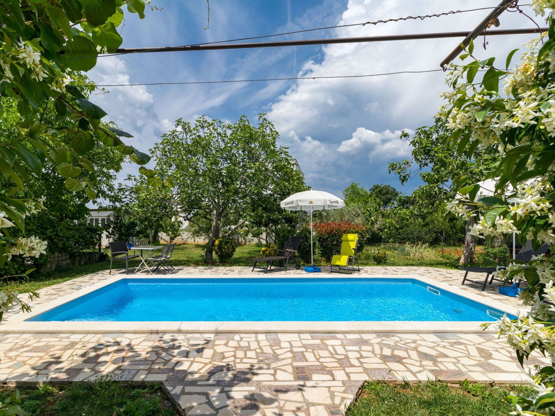 A swimming pool with a stone deck, surrounded by greenery and a clear sky.