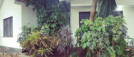 Stunning residential building with a tiled roof, surrounded by lush greenery and beautiful plants.