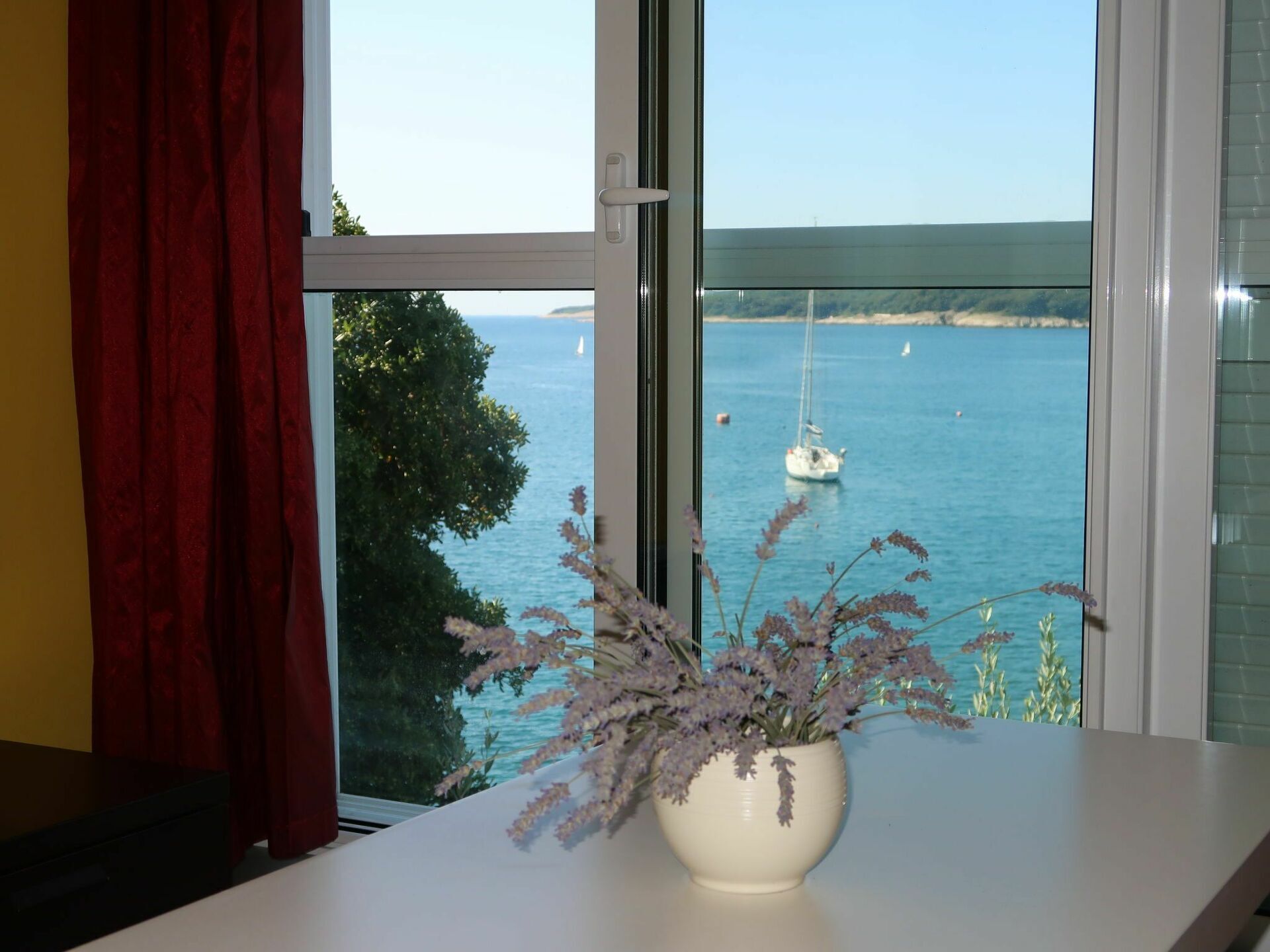Una habitación con vista al mar, una planta en maceta sobre una mesa y una cortina roja.