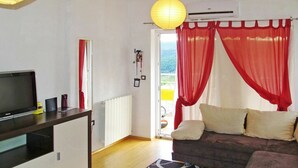 Un salon avec un canapé, un téléviseur, un radiateur et une vue sur l’extérieur.