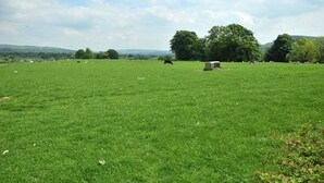 A wide, open grassy field with a few scattered trees and a small structure in the distance. - Yew Tree Farm Cottage.. (Congleton)