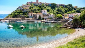 A coastal town with buildings on a hillside, a clear harbor with boats, and a rocky shoreline.
