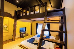 Cozy room with a bunk bed, TV, and ladder for easy access to the upper bunk.