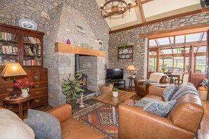 Smart TV, fireplace, DVD player, books